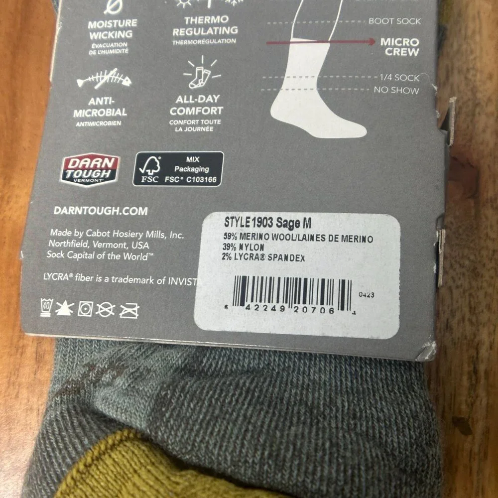 NWT Darn Tough Hiker Micro Crew Cushion Socks Size Medium (Sage) - Picture 8 of 11